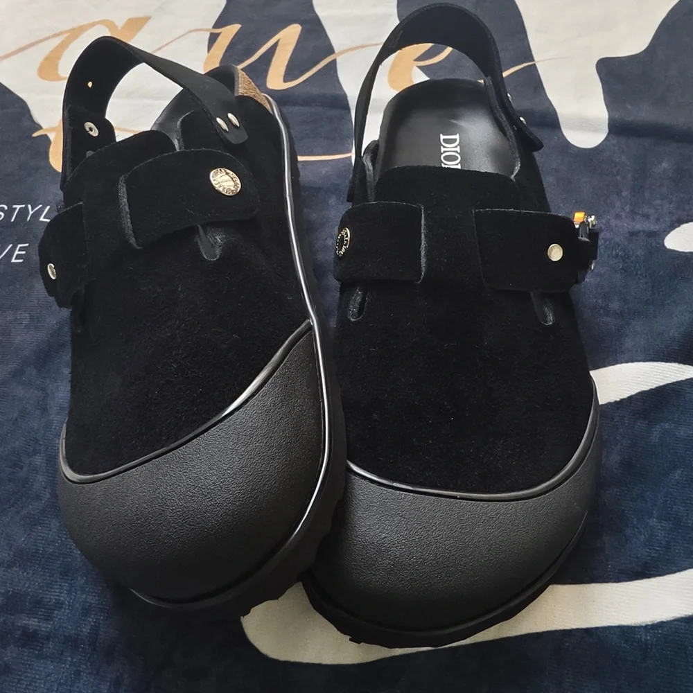 Dior Black Suede Platform Slingback Clogs with Metal Accents